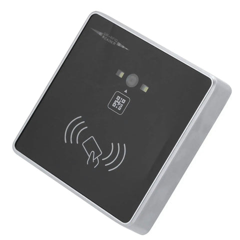 2D QR Access Control Card Reader And Barcode Scanner For Wiegand RS232 RS485 TTL, black and silver unit with RFID symbol.