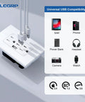 Three USB Ports Wall Outlet With USB C And USB A Fast Charging 15 Amp Tamper Resistant Receptacle Matte White Wall Plate Included UL Listed 2 Pack For Home And Office Gadget Charging Hub next to compatibility icons for devices like iPad, phone, power bank, headset, camera, and watch.
