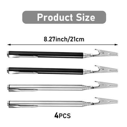Four-piece Stainless Steel Alligator Clips Set With Telescopic Wire Clamps And Pen Clip, 8.27 inch length shown horizontally