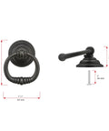 Provence Collection Matte Black Iron Ring Pull for cabinets and drawers, traditional hardware, dimensions labeled, front and side view