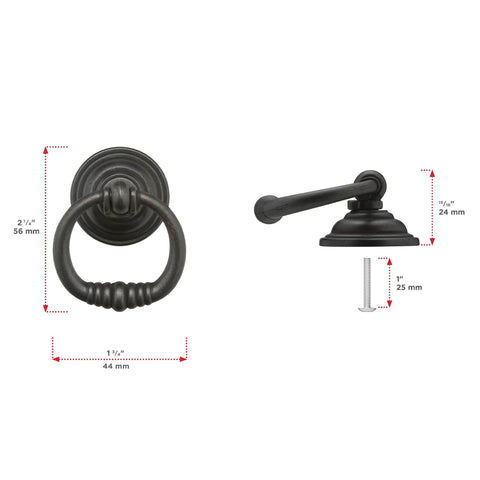 Provence Collection Matte Black Iron Ring Pull for cabinets and drawers, traditional hardware, dimensions labeled, front and side view