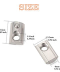 Fifteen Pack One Quarter Inch Twenty Spring Loaded T Nuts With Ball Bearings Boxed Set Zinc Plated Carbon Steel Heavy Duty T Slot Nuts for 4040 Series and Slot Eight Aluminum Extrusions, showing size dimensions.