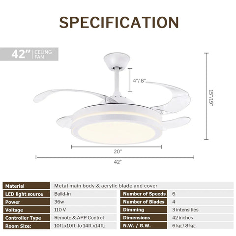 Diagram explaining specifications of 42 Inch Retractable Bladeless Ceiling Fan With LED Lights Remote Control Smart White Finish