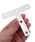 Hand holding Beefy Heavy Duty Stainless Steel Corner Bracket Plates, Thick T Shaped Angle Braces, corrosion resistant