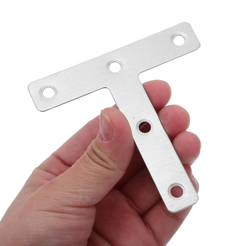 Hand holding Beefy Heavy Duty Stainless Steel Corner Bracket Plates, Thick T Shaped Angle Braces, corrosion resistant