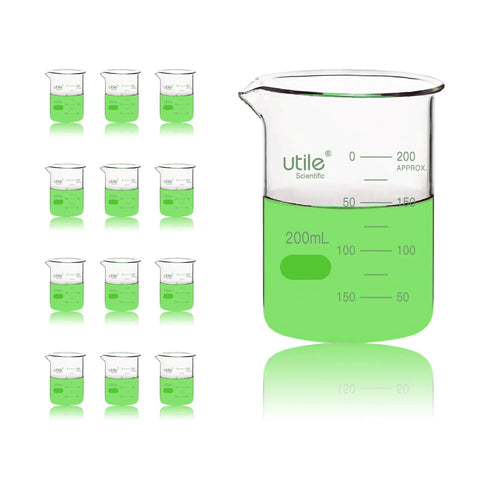 12 Piece Glass Beaker Set 200ml Each With Spout Dual Scale Printed Graduation Heavy Duty Lab Glassware For Home Lab And Classroom