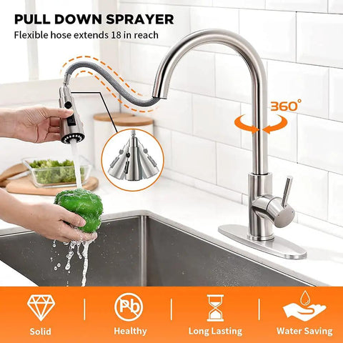 Brushed Nickel Kitchen Faucet With Pull Down Sprayer And 18 Inch Hose One Hole Deck Mount Single Lever Handle Stainless Steel Build