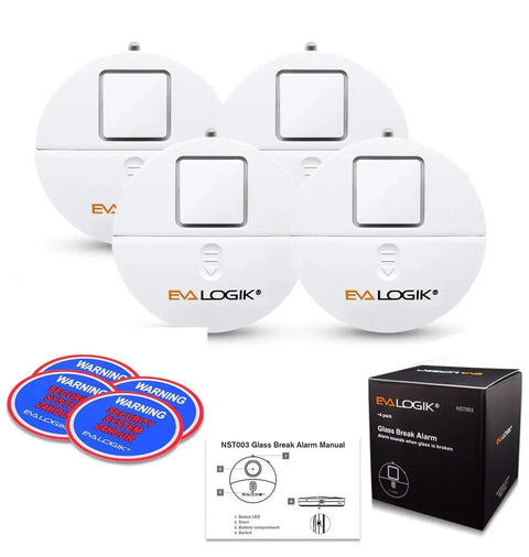 Ultra Thin Window Alarm Pack Of 4 With 120dB Siren And Vibration Sensor, no frills adhesive mount, with packaging and warning stickers