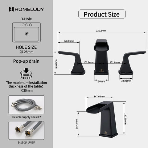 Matte Black Waterfall Bathroom Faucet For 8 Inch Widespread Sink Three Hole Two Handle Vanity Faucet With Pop Up Drain