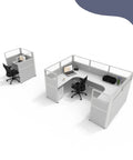 Rock-Solid Modular Office Cubicle Kit features 7 smart layouts, grey ergonomic chairs, spacious design with mobile storage.