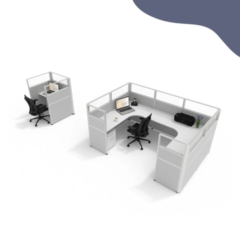 Rock-Solid Modular Office Cubicle Kit features 7 smart layouts, grey ergonomic chairs, spacious design with mobile storage.