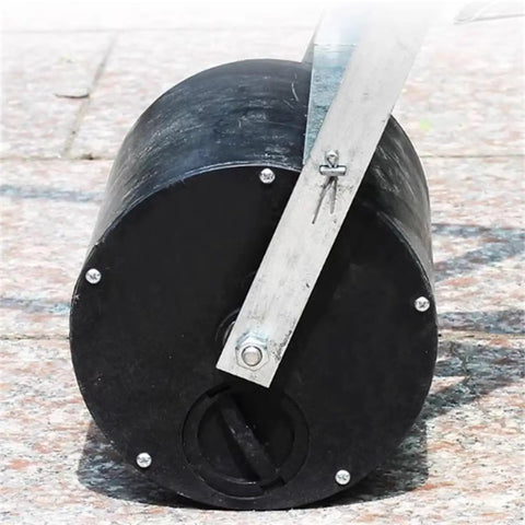 Manual Seeding Tool With Hand Push Roller Seeder for Walk Behind Row Crops, close-up of durable steel roller part