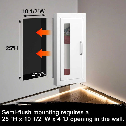 Semi Recessed Fire Extinguisher Cabinet For 10 Pound Dry Chemical Extinguisher Unit Industrial Wall Mount Box With Handle Door White Finish 4 Inch Wall Depth Easy Install Built In Mounting Quick Access Fits Extinguishers Up To 24 Inches High