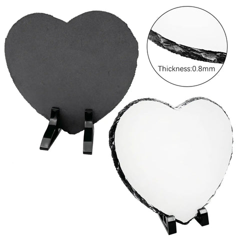 Heart Shaped Sublimation Slate Blank 7.9x7.9 Inch Rock Slate With Display Holder, front and back view, 0.8mm thick.