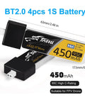 4 Pack 450mAh 1S 3.8V LiHV 95C LiPo Batteries With BT 2.0 Connector for Tiny Whoop FPV Drones, labeled with size and specs