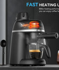 3.5 Bar Espresso And Cappuccino Machine With Steam Wand For Quick Lattes At Home, showing front with black design and Tritan cup.