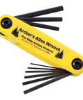 Nine Hex Keys Allen Wrench Set With Secure Bolt And Nut Assembly for archery gear, yellow handle with black hex keys.