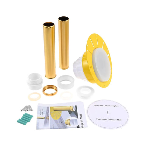 Premium Freestanding Tub Drain Kit With Tail Pipe Adapter For Bathtub Rough In Plumbing Connector No Sweat DIY Install components including gold pipes.