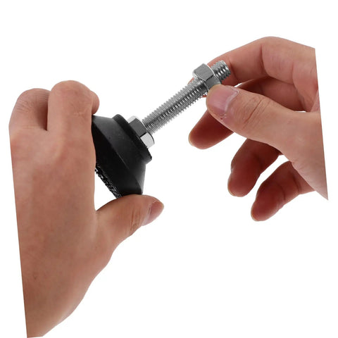 Hands adjusting a Heavy Duty Adjustable Furniture Levelers Fully Threaded Table Legs For Cabinets And Chairs Built Tough.