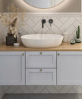 Bathroom vanity with antique bronze kitchen cabinet knobs 1-1/4 inch solid metal rosette sunburst pulls, light wood countertop