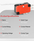 20 Pieces Long Straight Lever Arm Micro Switch Heavy Duty 15A 125 To 250 VAC 1NO 1NC Limit Switch V-153-1C25, fire-resistant red housing.