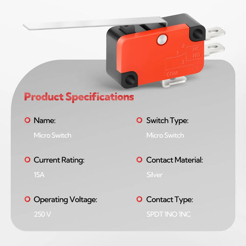 20 Pieces Long Straight Lever Arm Micro Switch Heavy Duty 15A 125 To 250 VAC 1NO 1NC Limit Switch V-153-1C25, fire-resistant red housing.