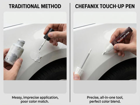 Comparison of traditional method vs. 2 In 1 Pure Black Touch Up Paint Kit For Cars And Motorcycles With OEM Color Match, Quick Dry Formula, Scratch Repair Pen And Brush, Pro Grade Quality, Easy Quick Fix For Multi Brand Vehicles, No Sweat Scratches highlighting precision and ease of use.