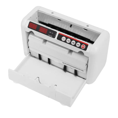 Portable Money Counter Machine With UV And Magnetic Counterfeit Detection, open display, showing bill counter compartment.