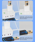 Power Meter For USB C With Color IPS Screen And Digital Multimeter on power strip measuring voltage and current, top view