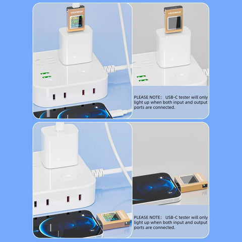 Power Meter For USB C With Color IPS Screen And Digital Multimeter on power strip measuring voltage and current, top view