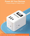 Flat Plug Power Strip With Six Foot Cord, Three Outlets And Three USB Ports Plus USB C, Travel Extension Cord on mat