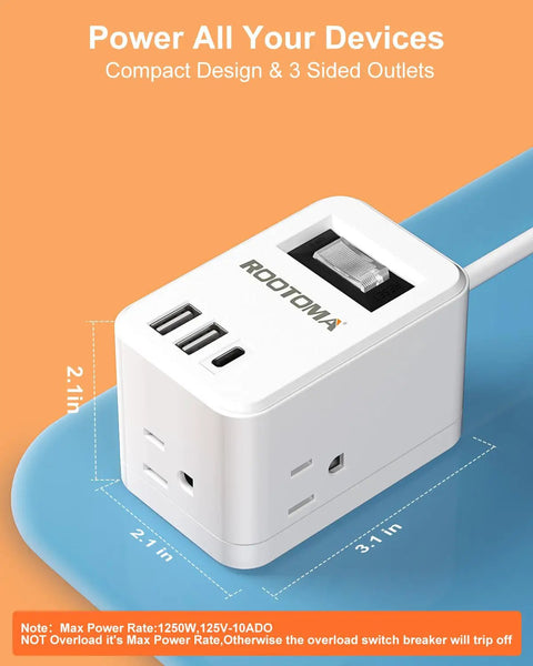 Flat Plug Power Strip With Six Foot Cord, Three Outlets And Three USB Ports Plus USB C, Travel Extension Cord on mat