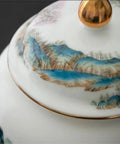 Top Shelf Premium Ceramic Airtight Tea Canister For Loose Leaf And Roasted Coffee Storage With Classic Chinese Landscape Motif, close-up of lid.