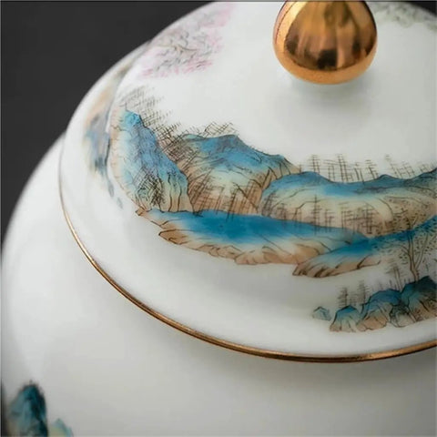 Top Shelf Premium Ceramic Airtight Tea Canister For Loose Leaf And Roasted Coffee Storage With Classic Chinese Landscape Motif, close-up of lid.