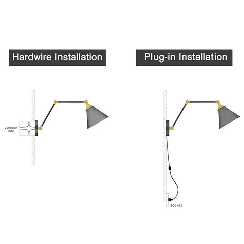 Farmhouse Style Swing Arm Wall Lamp Set 2 Pack Plug In Or Hardwired Adjustable Wall Sconce installation diagram