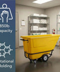 Commercial Grade Tilt Truck Dump Cart 850 Lb Capacity Zero Point Five Cubic Yard Yellow Rotational Molded Waste Bin in a room.