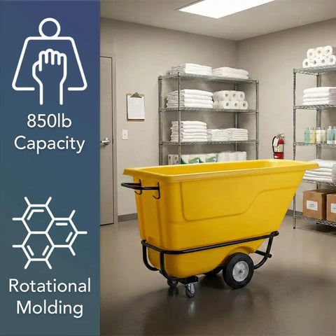 Commercial Grade Tilt Truck Dump Cart 850 Lb Capacity Zero Point Five Cubic Yard Yellow Rotational Molded Waste Bin in a room.