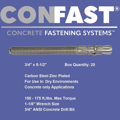 Three Quarters Inch By Five And One Half Inch Wedge Anchor Zinc Plated For Dry Concrete Installations Expansion Anchor For Concrete Only Not For Brick Or Block Box Of Twenty Durable And Easy To Install close-up view
