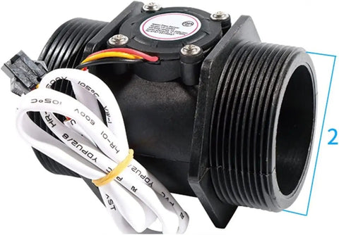 One Piece Water Flow Sensor Flowmeter Hall Effect Liquid Switch For One And A Quarter Inch, One And A Half Inch, And Two Inch Pipes, Pro Grade Flow Monitoring For Plumbing, HVAC And Industrial Systems, Silver black threaded flow sensor with wiring, side view