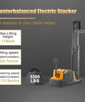 Aequanta Full Electric Walkie Stacker With 3300 Lbs Load Capacity And 118 Inch Lifting Height showcasing specifications and lifting features.