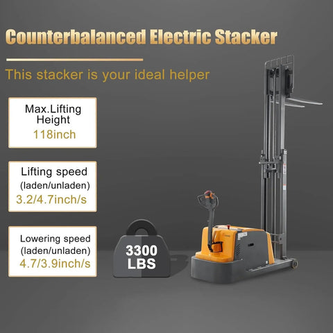 Aequanta Full Electric Walkie Stacker With 3300 Lbs Load Capacity And 118 Inch Lifting Height showcasing specifications and lifting features.