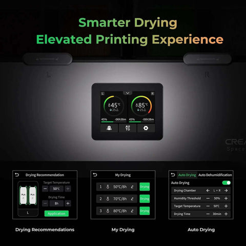 X4 Filament Dryer Box control panel showing drying settings and performance indicators for 3D printers
