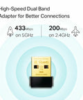Nano AC600 USB WiFi Adapter Archer T2U Nano Dual Band USB Network Transceiver with 433Mbps 5GHz and 200Mbps 2.4GHz speeds.