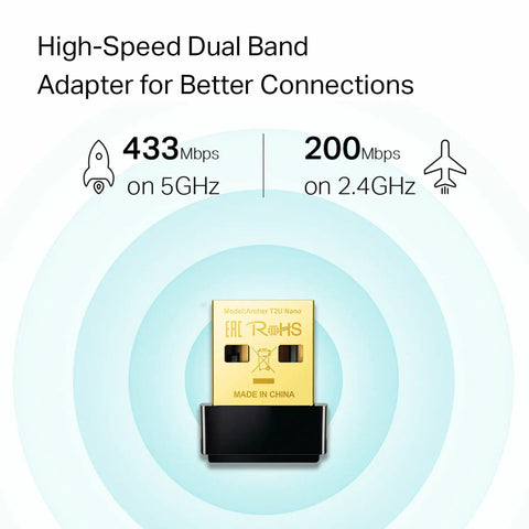 Nano AC600 USB WiFi Adapter Archer T2U Nano Dual Band USB Network Transceiver with 433Mbps 5GHz and 200Mbps 2.4GHz speeds.