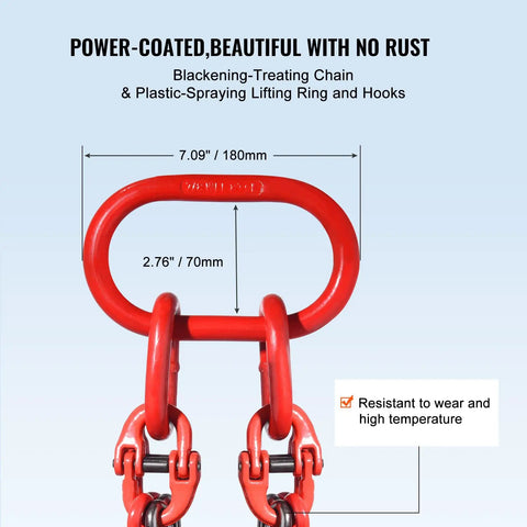 Beefy Heavy Duty Chain Sling 3/8 Inch by 10 Foot Lifting Chain with Hooks for Engine Hoists, Built to Handle 18,400 Lbs (8 Tons), G80 Steel, 4 Leg Grab Hooks and Easy Adjusters, red lifting ring and hooks, 7.09 in x 2.76 in