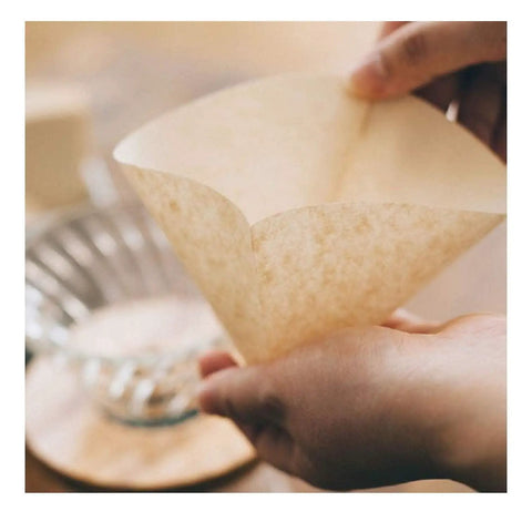 Hands holding V60 Size 02 White Coffee Filter, part of the 40 Count Box, 10 Pack Value Set totaling 400 sheets for pour over brewers