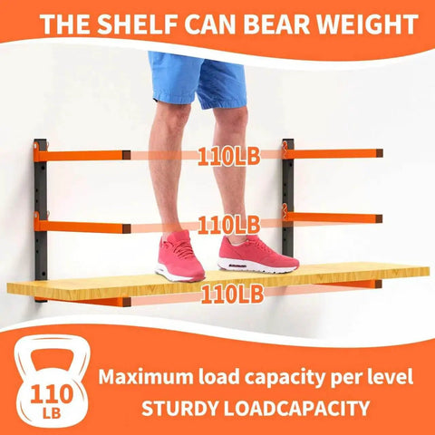 Heavy Duty Wall Mounted Lumber Storage Rack Three Level Four Pack For Garage Storage Holds Wood Pipes And Skis With 300 Lbs Capacity Organizer Bracket Black And Orange Garage Gear showcasing weight capacity with person standing on shelf.