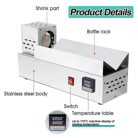 Premium Stainless Steel Electric Heat Shrink Wrapping Machine For Wine And Olive Oil Bottles with digital thermostat and controls.