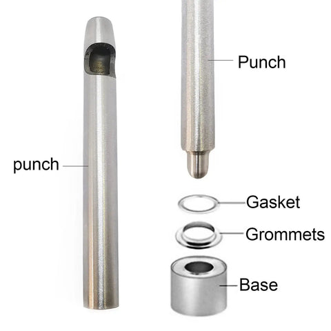 2mm Plated Copper Grommet Kit With Mini Eyelets And Plastic Storage Box components: punch tool, gaskets, grommets, base