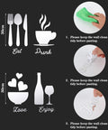 Diagram showing 17 Piece Kitchen Wall Decor Acrylic Mirror Wall Stickers Set with Eat Drink Love motifs and installation steps